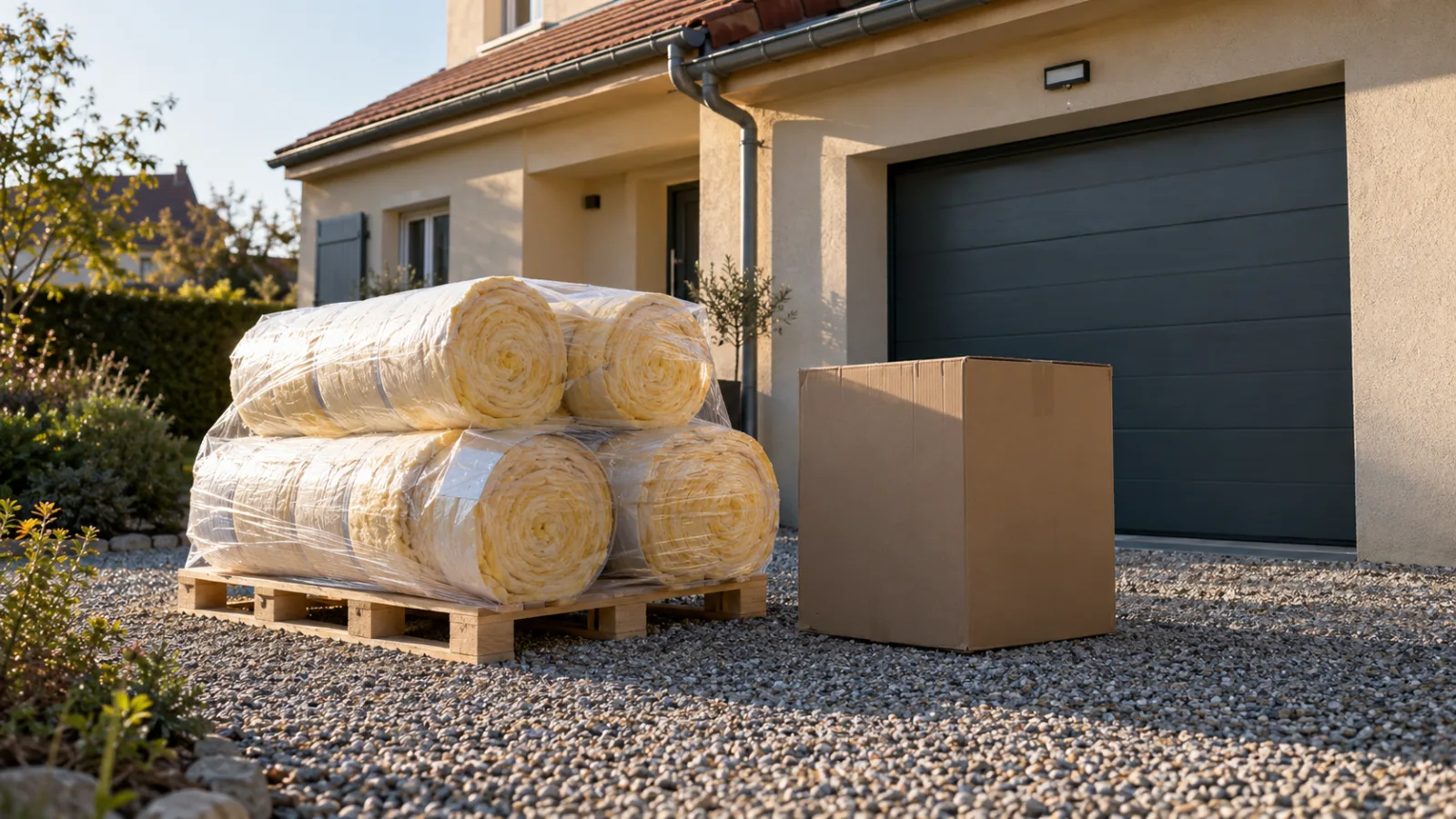 Travaux de rénovation énergétique : attendre l'accord des aides avant de commencer Rouleaux d'isolant livrés sur une palette devant le garage d'une maison avant le début des travaux