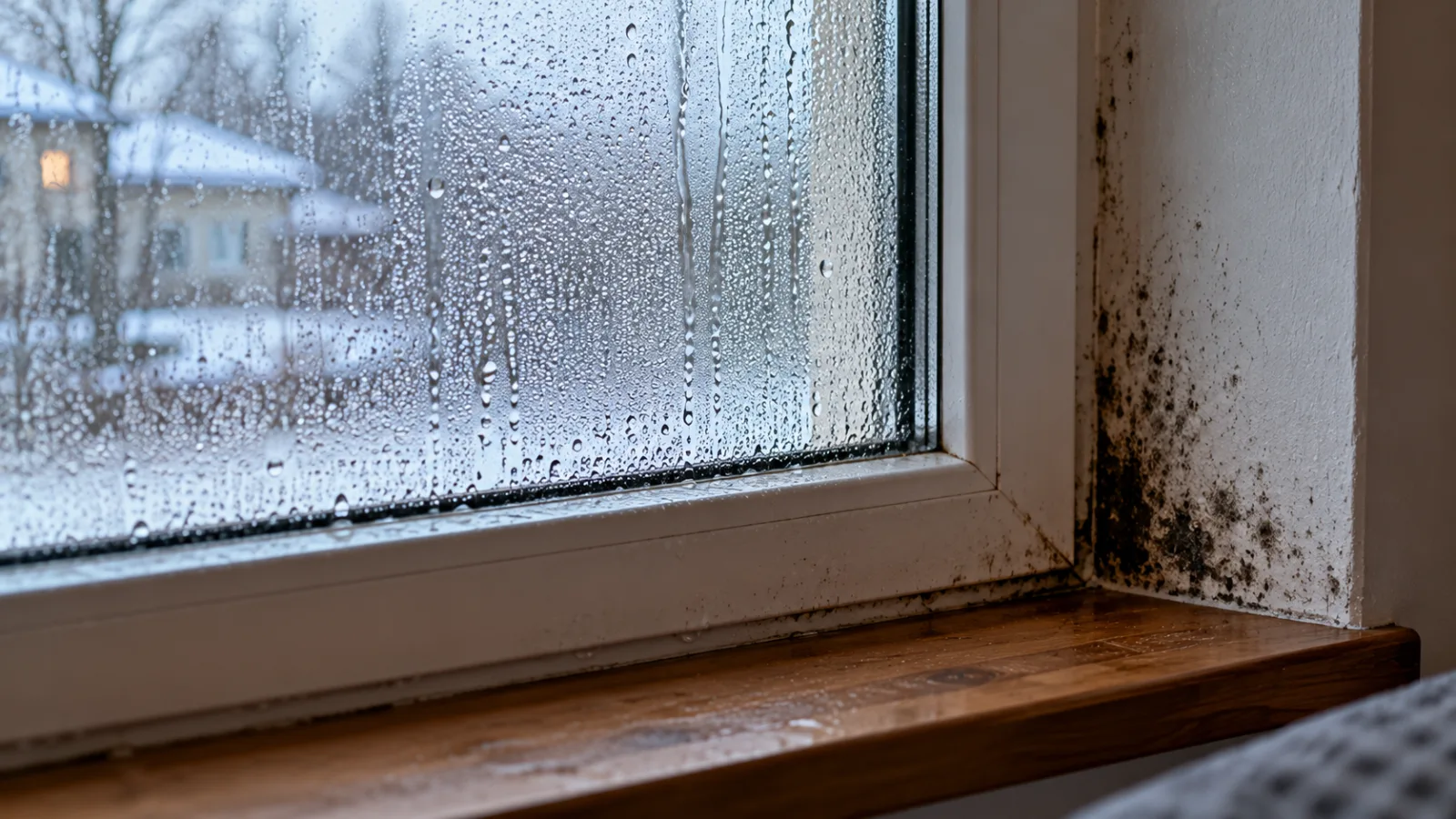 Condensation sur les vitres et moisissures : premier signe d'humidité dans la maison Buée sur une vitre et taches de moisissure noire dans l'angle d'une fenêtre, signes de condensation