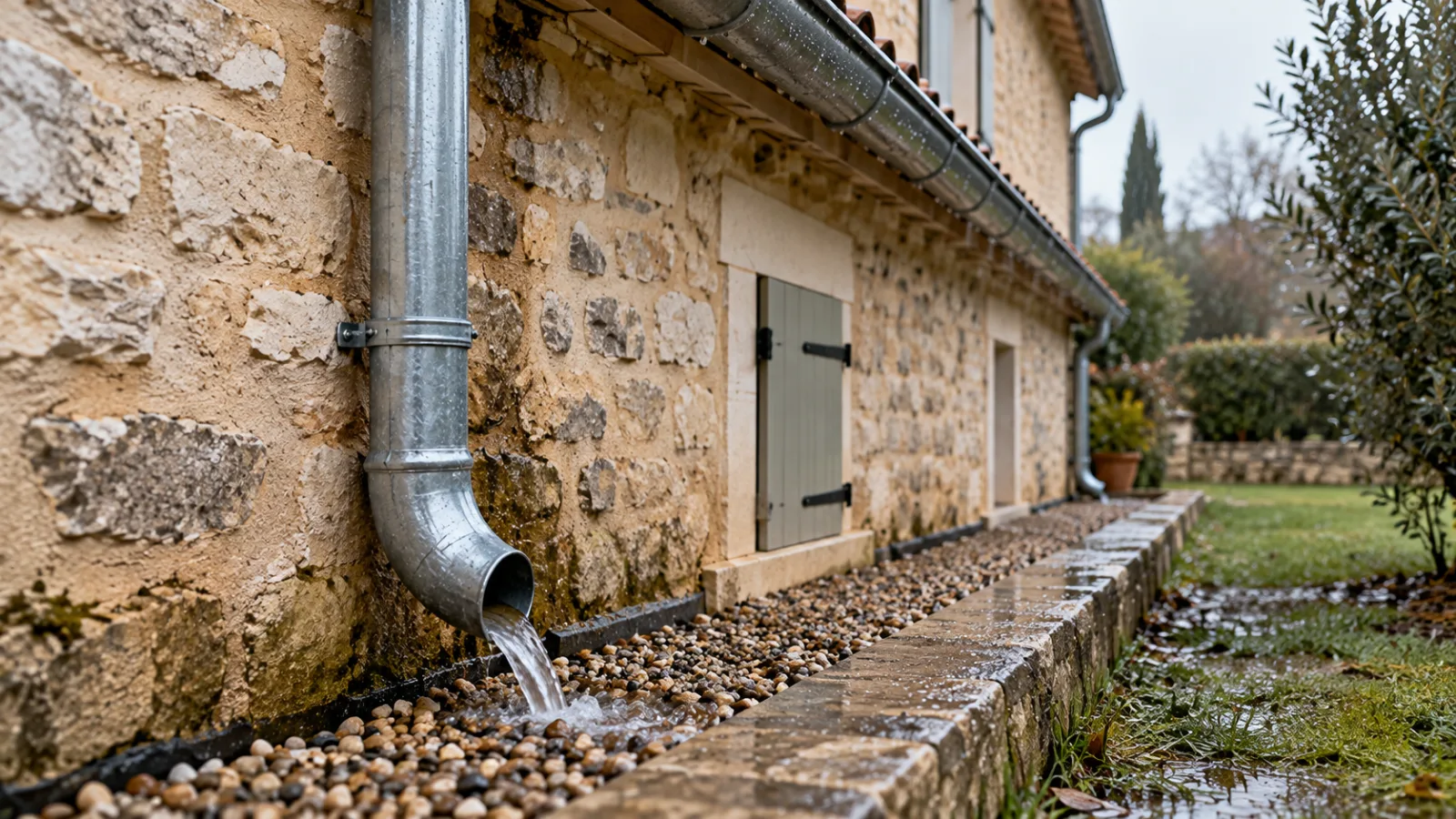 Gouttières et drainage : supprimer les arrivées d'eau avant de traiter les murs Descente de gouttière en zinc et tranchée de gravier au pied d'un mur en pierre après la pluie