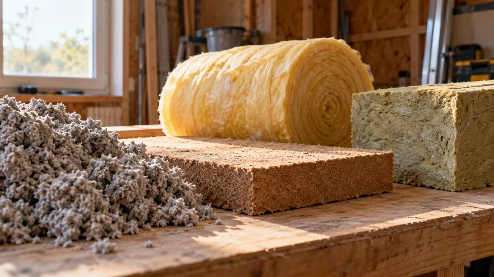 Laine de verre, ouate de cellulose ou fibre de bois pour isoler les combles perdus Échantillons d'isolants pour combles perdus posés sur un établi : cellulose, fibre de bois, laine de verre et laine de roche