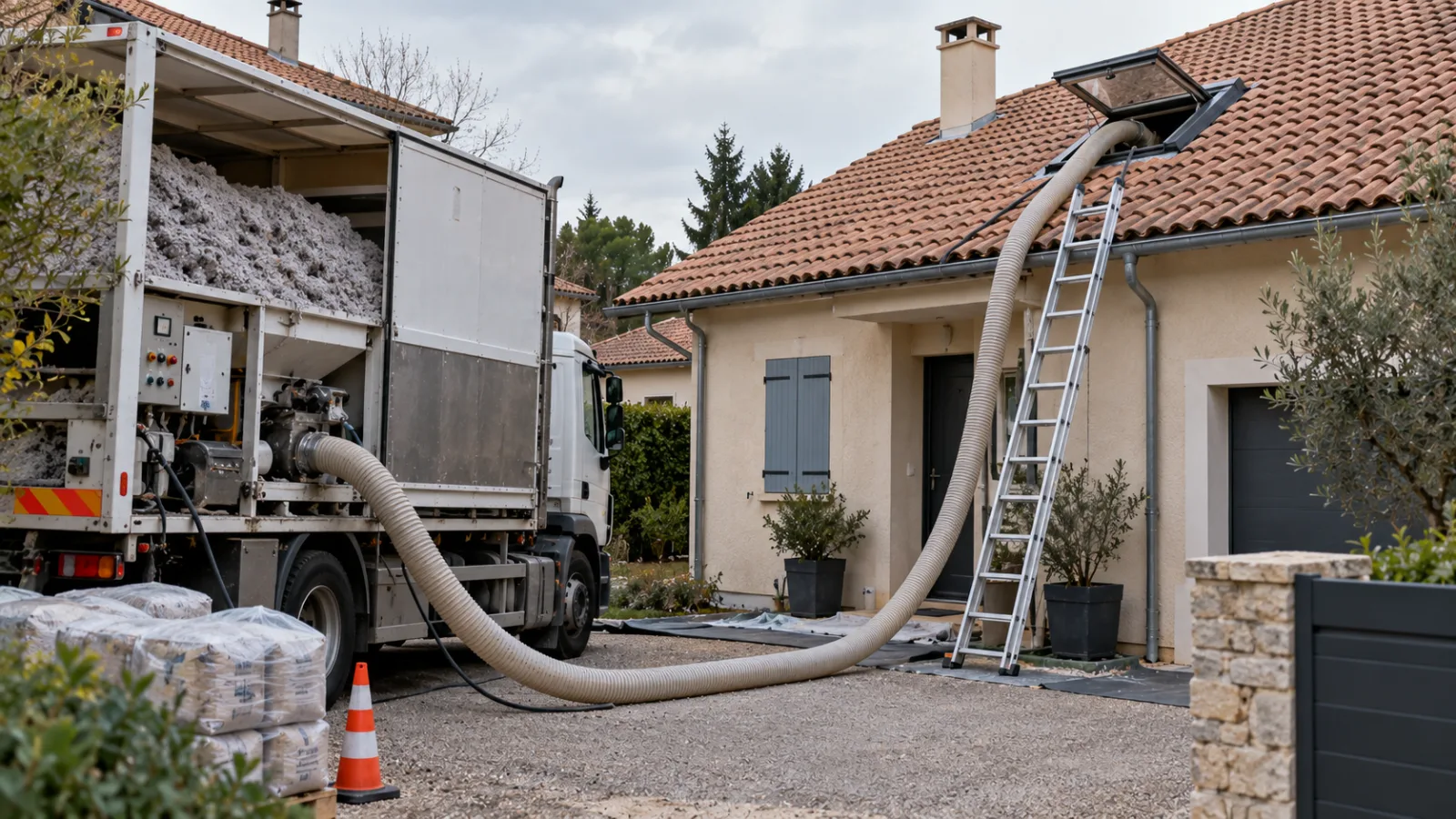Chantier d'isolation des combles perdus par soufflage Camion de soufflage d'isolant garé devant une maison, tuyau passant par une fenêtre de toit vers les combles