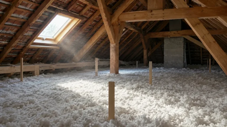 Combles perdus isolés par soufflage de laine minérale entre les fermettes de charpente