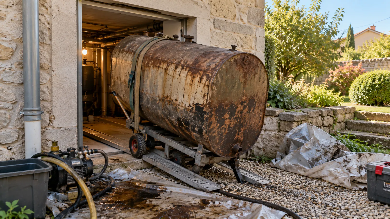 Dépose d'une cuve à fioul : un des derniers gestes financés par MaPrimeRénov' Ancienne cuve à fioul rouillée sortie de la cave d'une maison pour être évacuée et recyclée