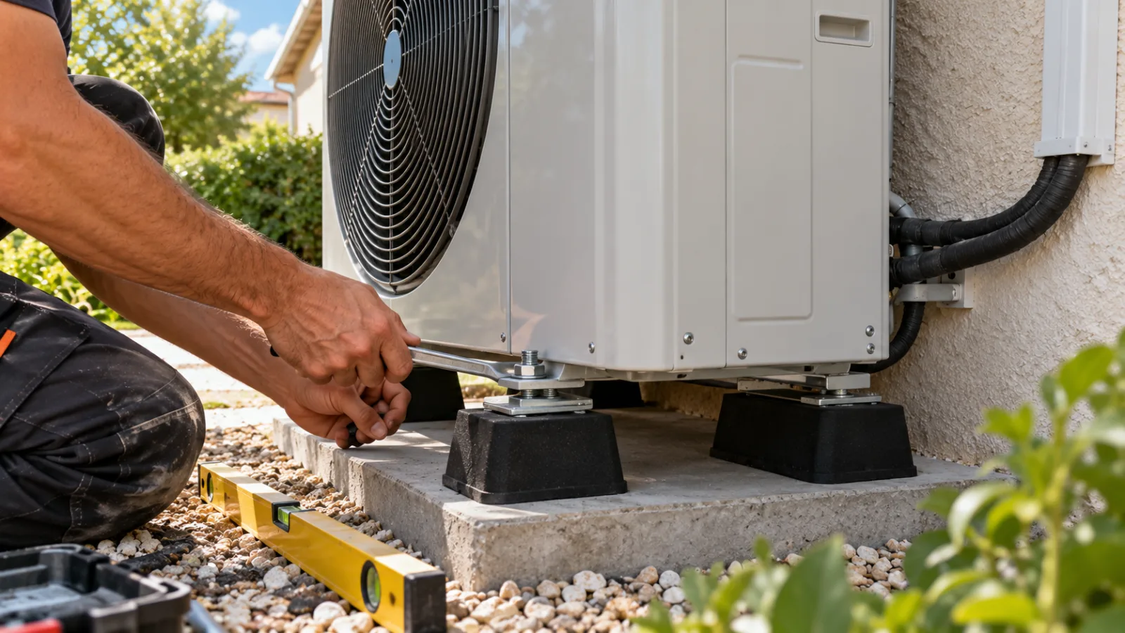 Installation d'une pompe à chaleur air-eau financée par MaPrimeRénov' 2026 Mains d'un installateur fixant une pompe à chaleur air-eau neuve sur ses plots antivibratiles