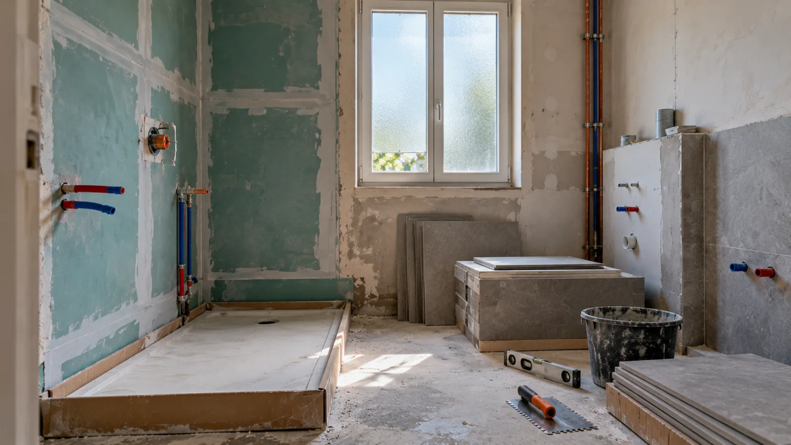 Chantier de rénovation de salle de bain : plomberie et carrelage Salle de bain en cours de rénovation avec plomberie neuve, receveur de douche et cartons de carrelage au sol