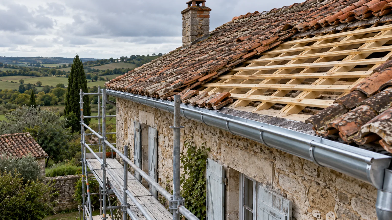 Toiture d'une ferme en pierre en cours de réparation, tuiles déposées et gouttière en zinc neuve