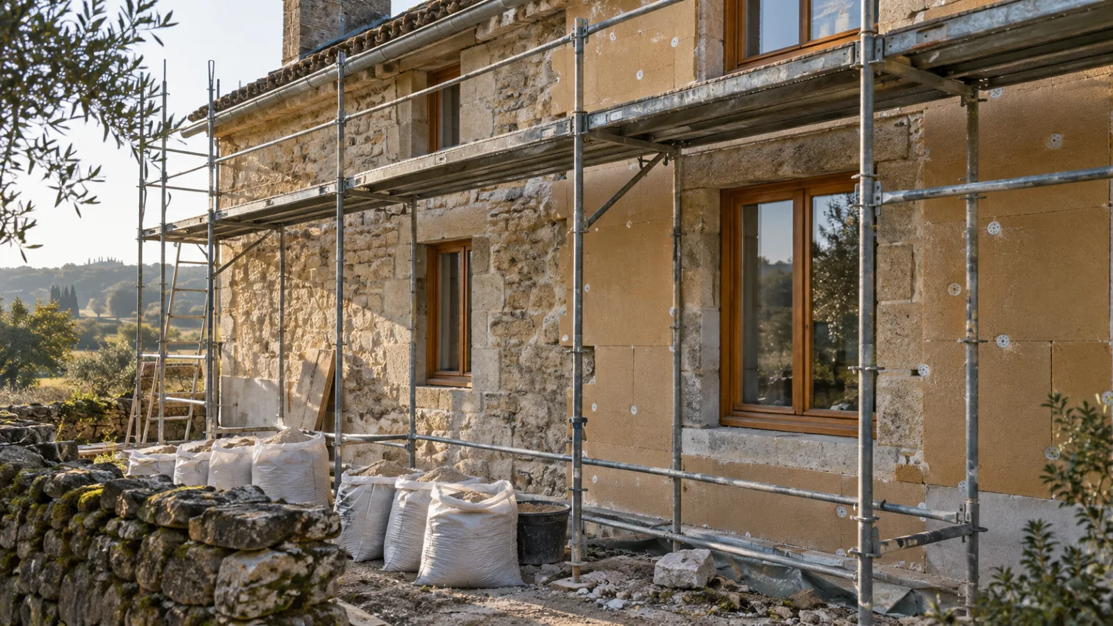 Façade d'une maison ancienne en cours d'isolation par l'extérieur en fibre de bois, fenêtres neuves posées